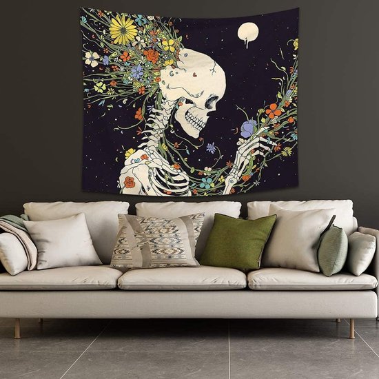 Wandkleed binnen - Wandtapijt - Schedel - Bloemen - Muurkleed - Wanddoek Stof - 200 x 150 cm - Wanddecoratie - Wandhanger - Muurhanger - Fotobehang - Poster - Ulticool - Decoratie - Woonkamer - Slaapkamer