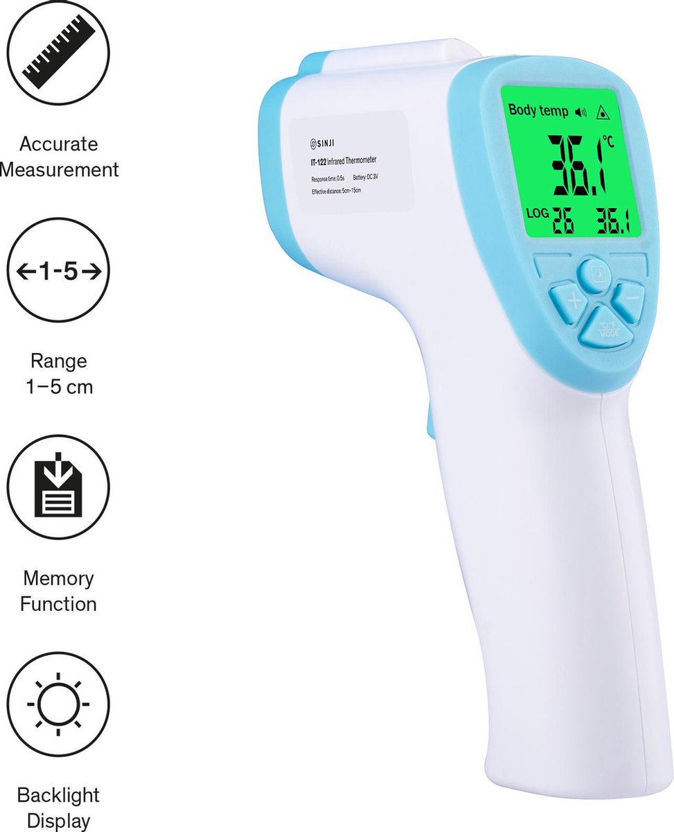 SINJI Infrarood Thermometer - CE gecertificeerd - Meet  lichaamstemperatuur... | bol.com