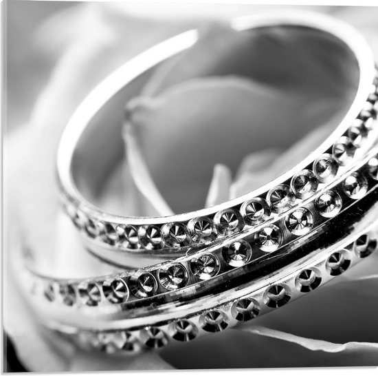 Acrylglas - Zwart/Wit Ringen met Diamantjes - 50x50cm Foto op Acrylglas (Met Ophangsysteem)