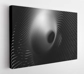 3d render of abstract art black and white industrial 3d background with part of surreal turbine jet engine with sharp aluminum metal blades and black hole in the center, in the dar