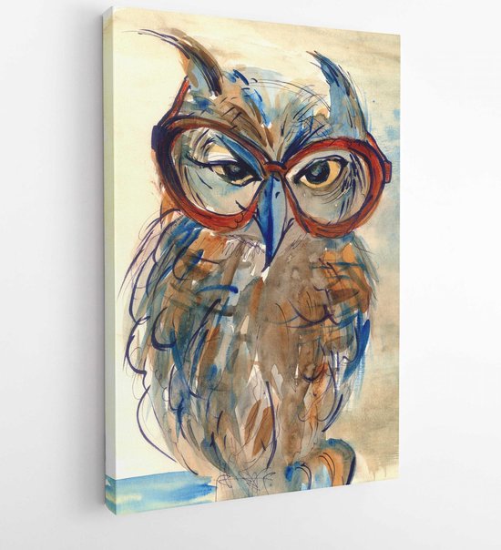 Wise Owl with big eyes in glasses animal watercolor painting poster colored print textile pattern wallpaper background artwork hand drawn illustration - Modern Art Canvas -Vertical - 194473814 - 40-30 Vertical
