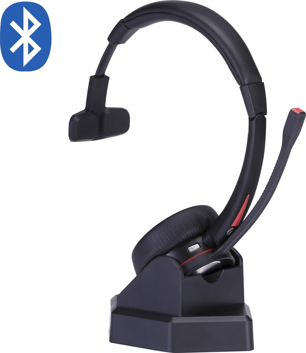 Maxxions Draadloze Bluetooth Office Mono Headset met Microfoon - Draadloos opladen met headset houder/stand - Callcenter headset - Professioneel en Kantoor gebruik - Geschikt voor o.a. PC, telefoon, laptop, computer, smartphone, tablet - Zwart
