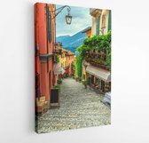 Amazing old narrow street view, famous picturesque cobblestone street with souvenir shops, restaurants and cafes in Bellagio touristic resort, Lake Como, Italy, Europe  - Modern Ar