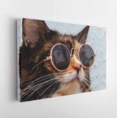 Onlinecanvas - Schilderij - Funny Cat In Round Sunglasses Art Horizontal Horizontal - Multicolor - 30 X 40 Cm