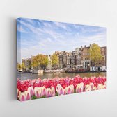Amsterdam, Netherlands, city skyline at canal waterfront with spring tulip flower - Modern Art Canvas - Horizontal - 1017832351 - 115*75 Horizontal