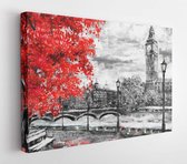 Oil on canvas, London street. Artwork. Big Ben and Red Tree. England. Bridge and River  - Modern Art Canvas - Horizontal - 632741123 - 50*40 Horizontal