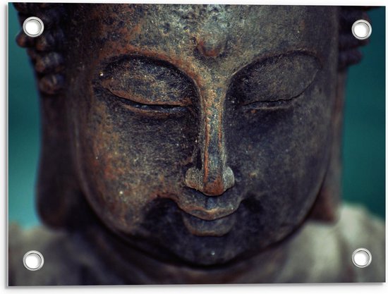 Tuinposter – Hoofd van Bruine Verroeste Boeddha - 40x30cm Foto op Tuinposter  (wanddecoratie voor buiten en binnen)