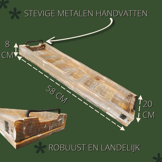 Afmetingen van robuust houten dienblad: 58x20x8 cm, met stevige metalen handvatten.