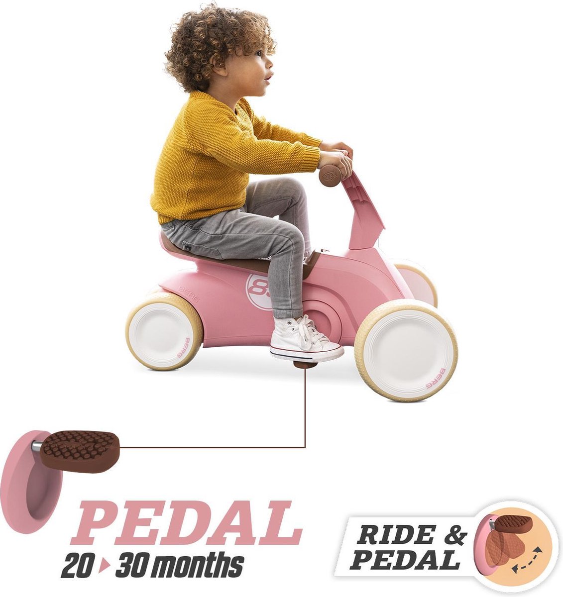 BERG GO2 Retro Loopauto en Trapauto - Speelgoed vanaf 1 jaar - Uitklapbare pedalen - 10 tot 30 maanden - Roze — afbeelding 6