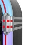 Zijkant van een jukebox met chromen en zilveren strepen, rode accenten en paarse gloed.