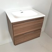 Meuble de salle de bain type 60cm, aspect noyer avec vasque en céramique