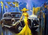 Onlinecanvas - Schilderij - Car And Girl. Old Town. Oil Paintings. Art Art Horizontal Horizontal - Multicolor - 75 X 115 Cm