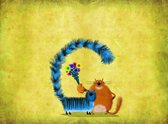 A very funny greetings card: two friendly smiling cats with colorful flowers standing on the gradient yellow background - Modern Art Canvas - Horizontal - 1100687129 - 80*60 Horizo