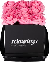 Relaxdays flowerbox zwart - 9 kunstrozen - bloemendoos - giftbox - rozen in box - vierkant - roze