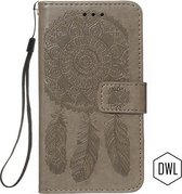 hoesje relief kunstleer voor Samsung Galaxy A70 - taupe grijs relief design hoesje A70 - Samsung A70 Book case cover met ruimte voor pasjes