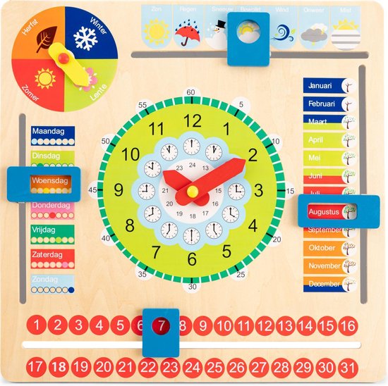 New Classic Toys Houten Kalenderklok - Leer Klokkijken - Weet jij welke dag het is? Hoe laat is het? Schijnt de zon?