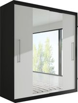 InspireMe- Zweefdeurkast Kledingkast met Spiegel Garderobekast met planken en kledingstang - 204x58x218 cm (BxDxH) -NICO (Zwart+Wit)