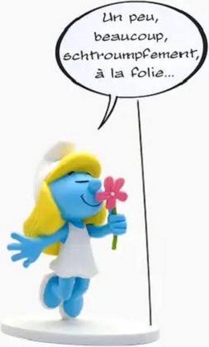 Kunsthars Smurfin beeldje met Franse tekstballon (ca 15 cm)