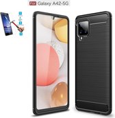 Samsung Galaxy A42 Carbone Brushed Tpu Zwart Cover Case Hoesje - 1 x Tempered Glass Screenprotector CTBL