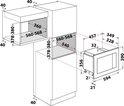 Technische tekening met afmetingen voor inbouw van een zwarte magnetron in keukenkasten.