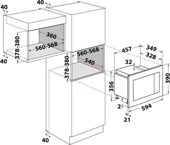 Technische tekening met afmetingen voor inbouw van een zwarte magnetron in keukenkasten.