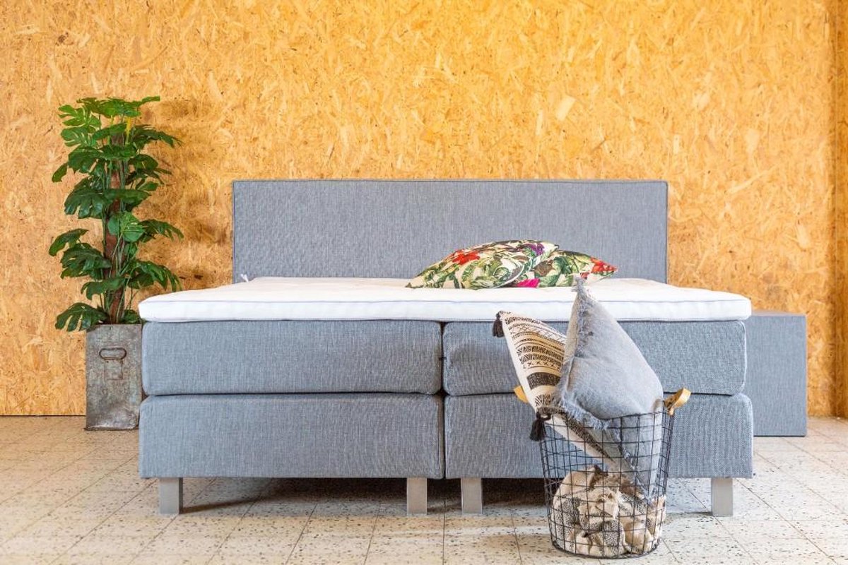 PITT Boxspring Vlegel 180x200 cm - Grijze stof - Geveerde box - Pocketvering matras - HR topper 5cm
