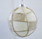 Kerstbal glas, mat-wit glitter met jute details Ø 8 cm. (2 doosjes a 3 stuks)