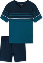 SCHIESSER heren shortama - V-hals - petrol met blauw gestreept -  Maat: 3XL