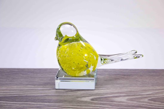 Mini Urn Vogel Geel, kleine urn van glas op kristallen sokkel