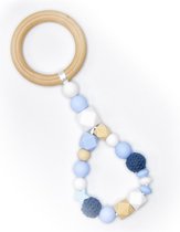 Bijtring - baby speelgoed - bijtspeelgoed - bijtfiguur - bijtspeeltje - met silicone bijtkralen, houten en gehaakte kralen blauw en wit