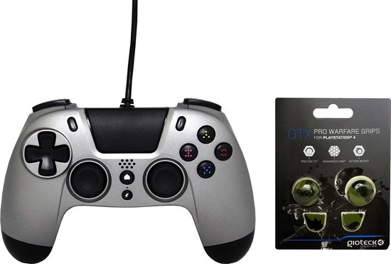 Gioteck PS4 Wired Controller 3.5mm Jack Plug Titanium Bundel met thumbgrips (Groen Camouflage) joystick bescherming