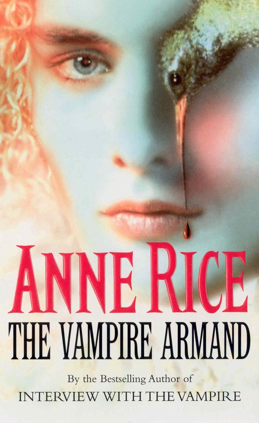 Boekomslag van "The Vampire Armand" door Anne Rice, met een close-up van een gezicht met een druppel bloed.