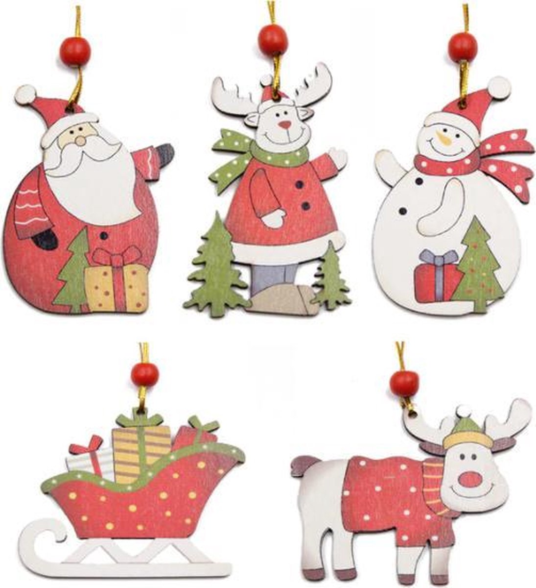 Houten kerst ornamenten - 5 stuks - Kerstboom hangers versiering Kerstman, Sneeuwpop, Rendier, Arreslee