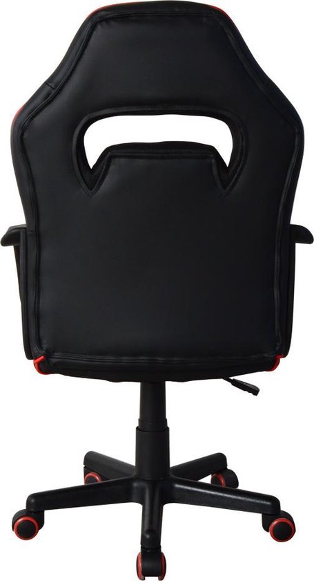 Zwart met rode gaming bureaustoel, achteraanzicht met opening in de rugleuning.