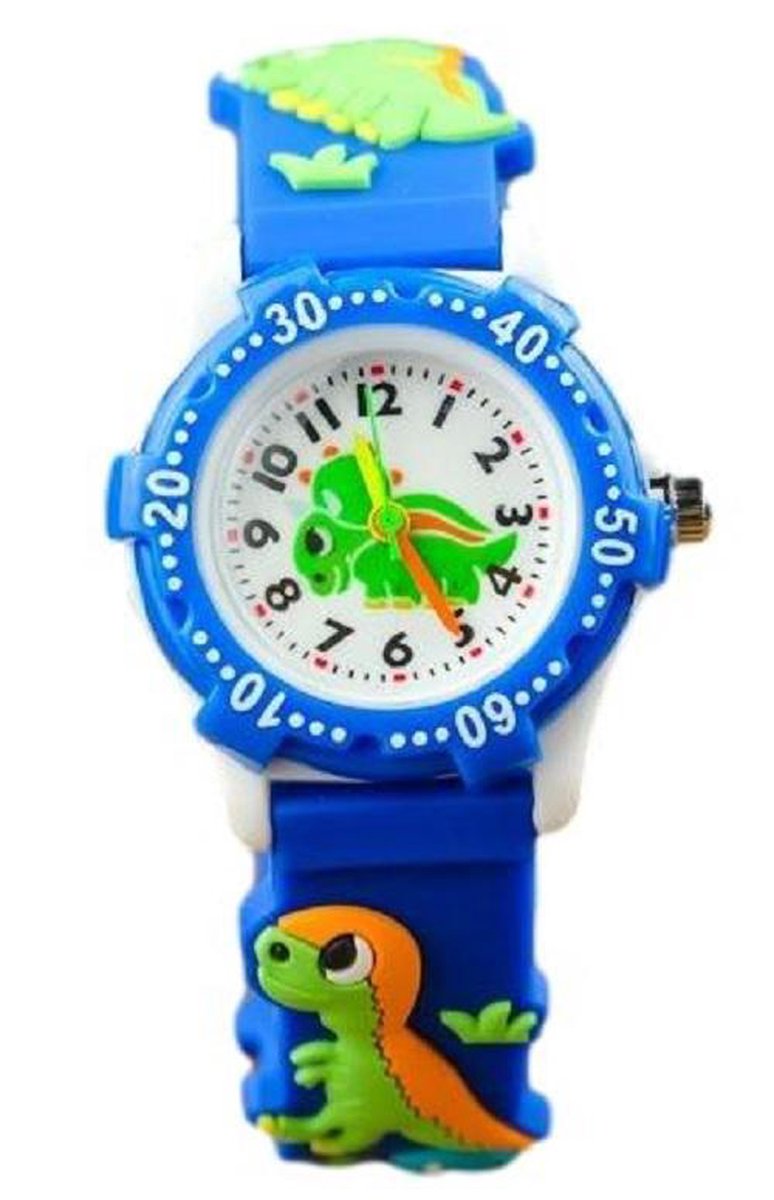 Dinosaurus horloge - 3D - kinderen - donkerblauw-groen- analoog - 28 mm - I-deLuxe verpakking