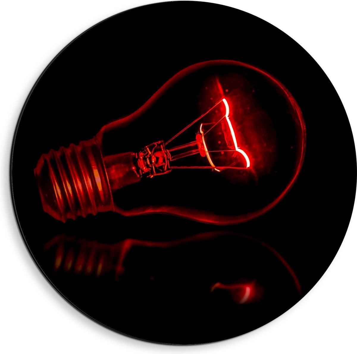Dibond Wandcirkel - Rode Gloeilamp op Zwarte Achtergrond - 40x40cm Foto op Aluminium Wandc