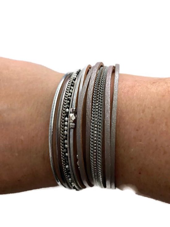 Petra's Sieradenwereld - *Armbandenset leer grijs zilver met magneetsluiting (014)