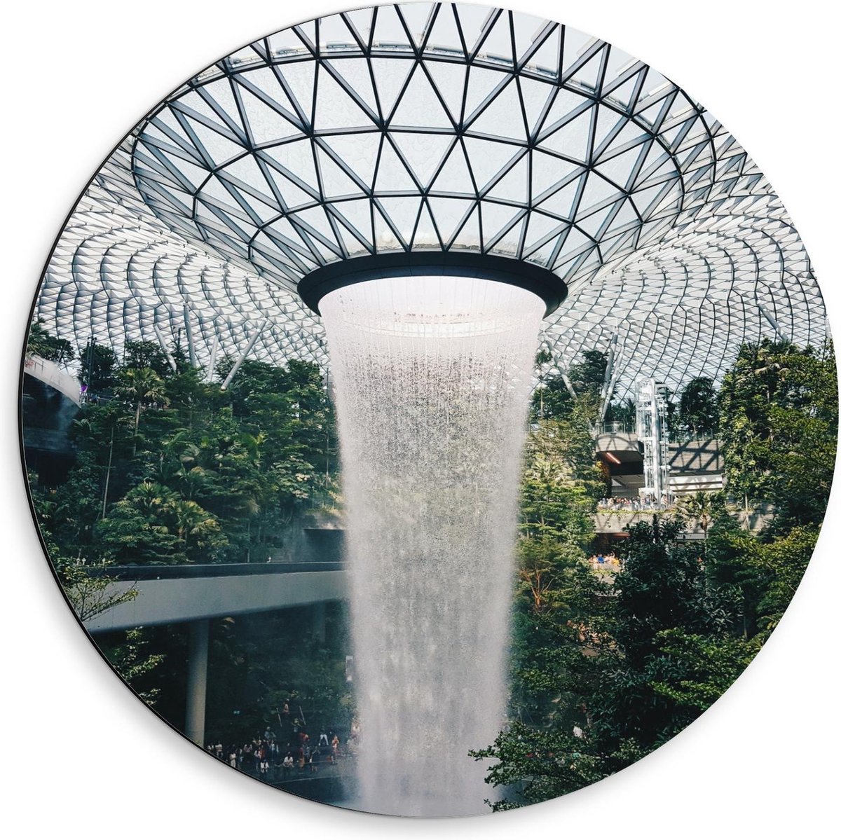 Dibond Wandcirkel - Waterval uit Dak - Singapore - 50x50cm Foto op Aluminium Wandcirkel (met ophangsysteem)