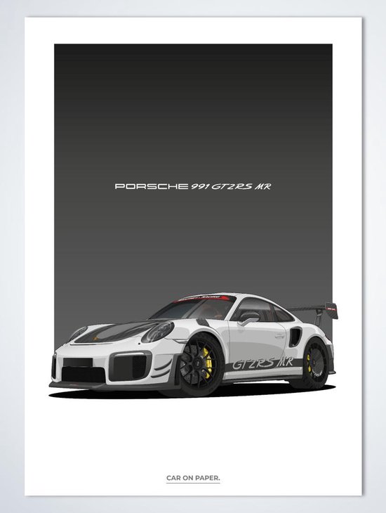 Porsche 911 GT2 RS MR Wit op Poster - 50 x 70cm - Auto Poster Kinderkamer / Slaapkamer / Kantoor