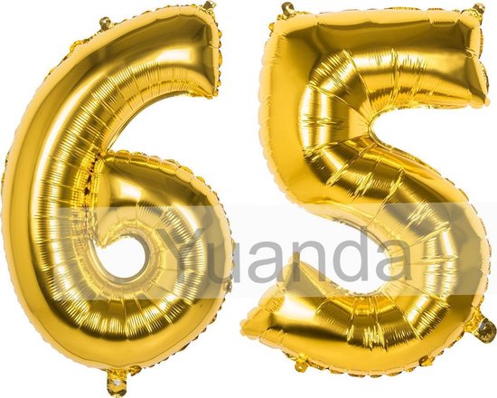 65 Jaar Folie Ballonnen Goud - Happy Birthday - Foil Balloon - Versiering - Verjaardag - Man / Vrouw - Feest - Inclusief Opblaas Stokje & Clip - XXL - 115 cm