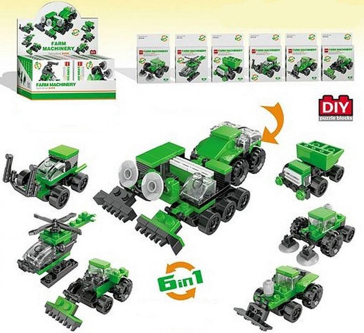 Lg-imports Bouwpakket 6 in 1 vrachtwagen maaier shovel helikopter heftruck loader groen 6 verschillende