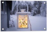 Tuinposter – Besneeuwde Lantaarn - 60x40cm Foto op Tuinposter (wanddecoratie voor buiten en binnen)