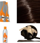 XP100 haarverf pakket kleur 4.0  Middenbruin (1x 100ML) met 9% waterstof ( 1x 250ML) incl verfbakje, kwast, maatbeker, puntkam en handschoenen