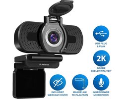 RJ Views Webcam 2k 4MP voor PC - Ingebouwde Microfoon & Webcam Cover - Werk & Thuis - USB-Plug&Play - Zwart - Voor Windows & Mac - Webcam voor vergaderingen -