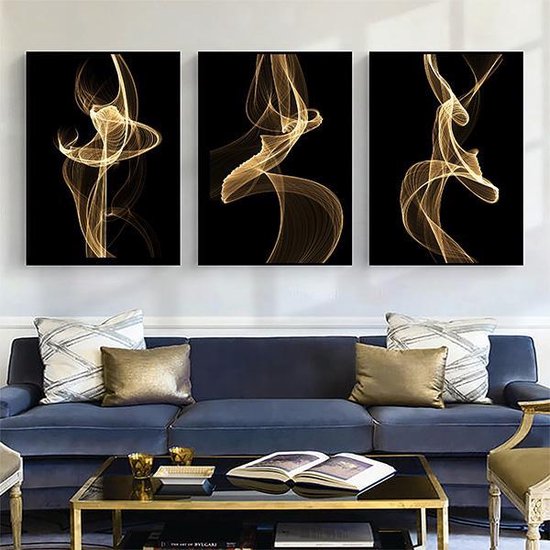 WOONENZO - Schilderij abstract set van 3 - schilderij zwart goud - zwarte  lijst | bol.com