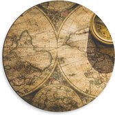 Dibond Wandcirkel - Kompas op oude Wereldkaart - 50x50cm Foto op Aluminium Wandcirkel (met ophangsysteem)
