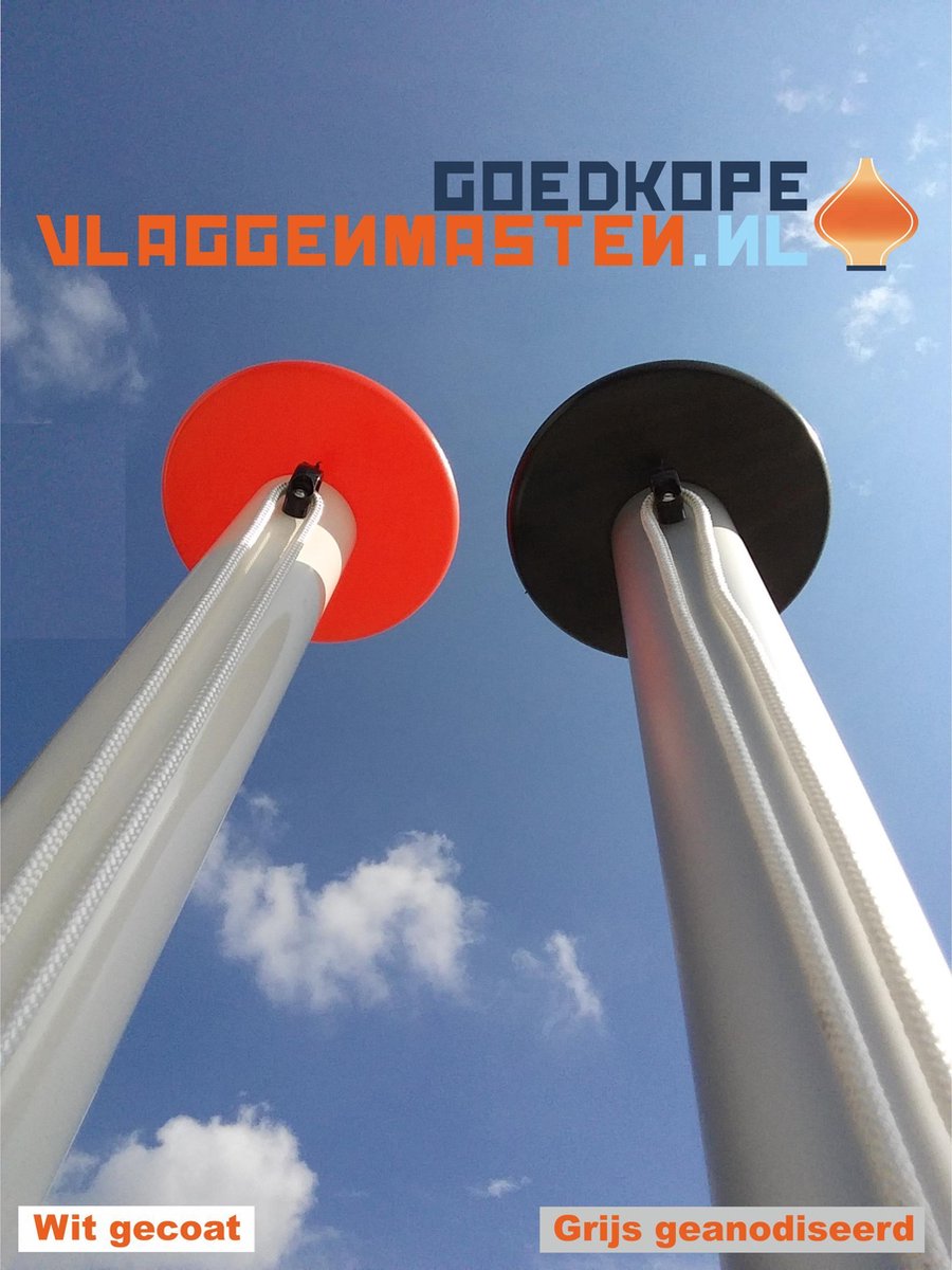 Vlaggenmast grijs, 8 meter, diameter 85 mm. Aluminium clilindrisch, blank geanodiseerd incl. anti-diefstal systeem met cilinderslot, oranje knop en contra-gewicht, en kantelvoet. Type BASIC SAFE 8508A2C - goedkope-vlaggenmasten.nl
