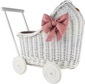 Rieten poppenwagen S - WIT / wit + Poppen dekens ROZENPRINT