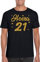 Hoera 21 jaar verjaardag cadeau t-shirt - goud glitter op zwart - heren - cadeau shirt L
