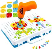 Constructieset Mozaiek met Elektrische Boor Schroef en 144 Bouwstenen - Draagbaar Frame met Bouwonderdelen en Gereedschap met Boormachine - DIY 2D/3D-puzzel uitstekend voor de hand-oogcoördin
